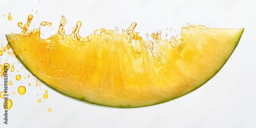 Poster a vibrant slice of cantaloupe is dramatically split, creating a splash of juicy liquid. the melon's 