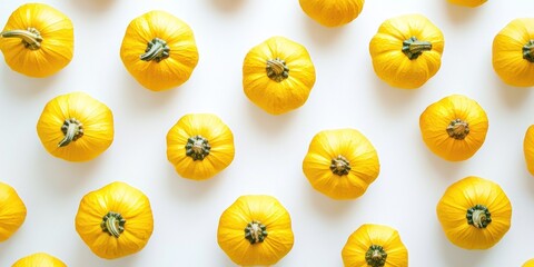 A collection of small, bright yellow pumpkins arranged in a symmetrical pattern on a white surface. The pumpkins have a textured, ribbed skin and small green stems.