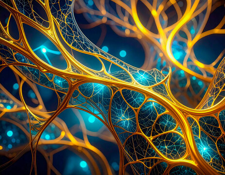 A complex, glowing golden network, reminiscent of neurons or organic tissue, on a dark blue background. - Powered by Adobe