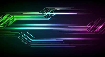 A futuristic neon rays abstract background in vector style, featuring glowing speed lines and light trails. Dynamic motion effect with vibrant electric blue, cyan, and purple tones on a dark gradient 