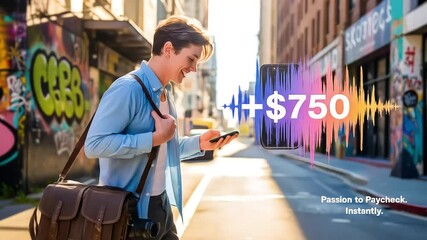 A young male photographer gets a +$750 mobile payment notification with an audio waveform graphic on a sunny city street - Powered by Adobe