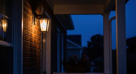 Warm porch light on brick wall at dusk in suburban neighborhood
