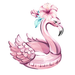 Bright and cheerful pink flamingo float adorned with tropical hibiscus flowers, perfect for summer relaxation and beach fun in vibrant coastal settings