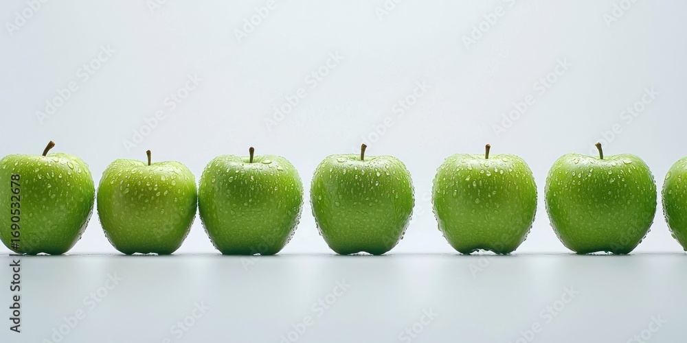 Poster a row of five vibrant green apples are aligned on a reflective, light gray surface. the apples are u