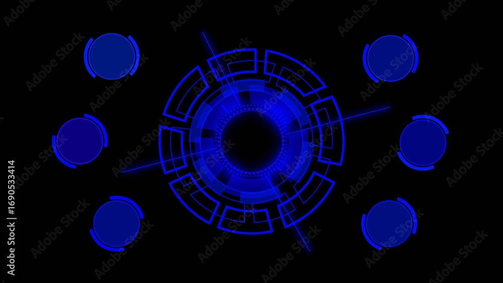 Poster blue digital hud interface with circular elements and central glowing core on black background image