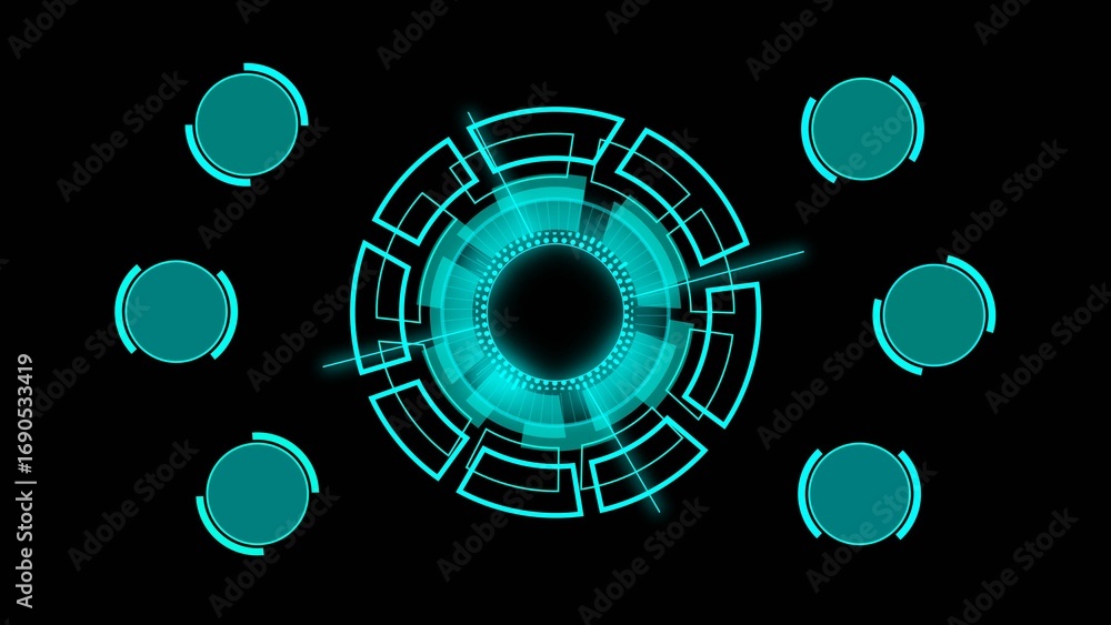Poster glowing teal futuristic hud interface with circular elements on black background technology digital