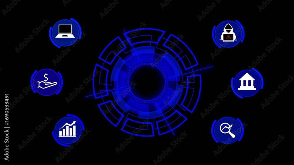 Poster futuristic blue digital interface with icons for finance security and data analysis technology