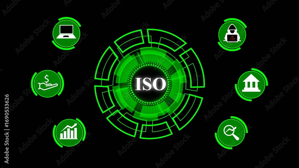 Poster central glowing green digital interface with iso text and surrounding icons for finance technology s