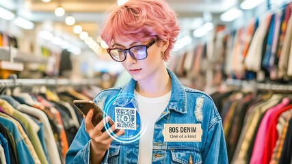 A person with pink hair uses their phone to scan a glowing augmented reality QR code on the vintage jacket they are wearing