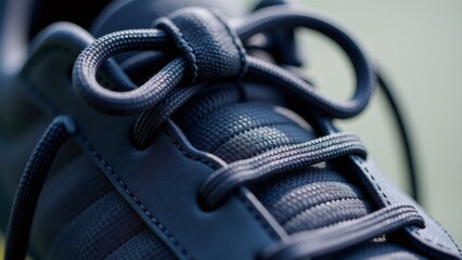 Close-up of blue shoelace tied on a sneaker on a sunny day.