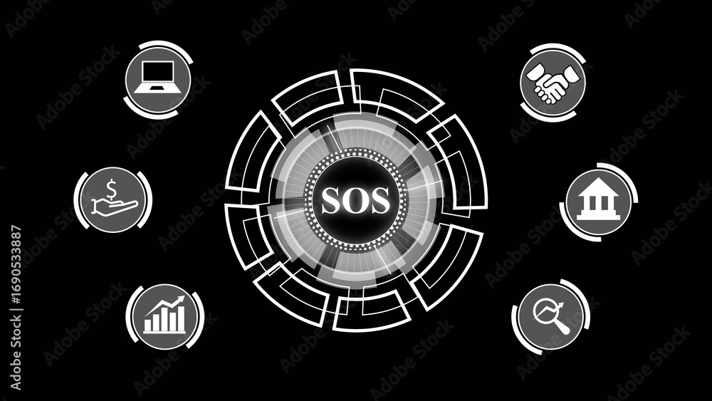 Poster digital interface with sos message and surrounding icons for business finance and technology image