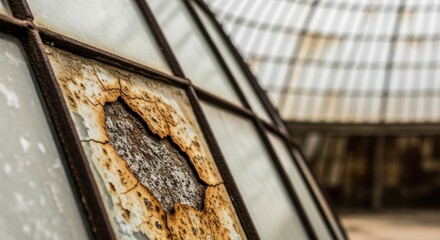 Close-up of rusted metal and glass structure in urban setting
