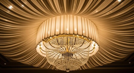 Elegant crystal chandelier with draped fabric ceiling in luxurious interior setting