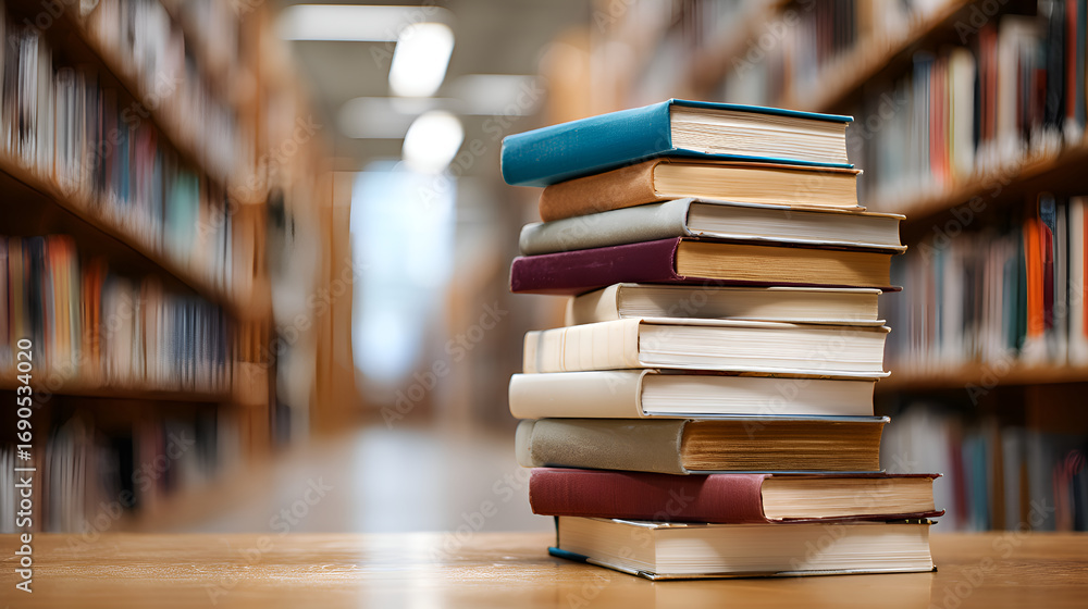 Poster stack of books inviting readers to explore knowledge in library