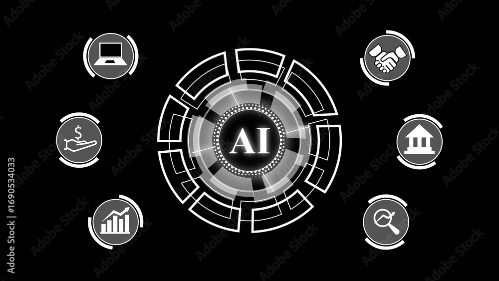 Poster artificial intelligence hub with surrounding icons for finance technology business and data analysis