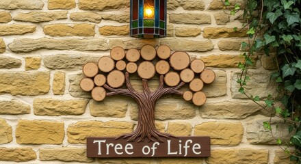 Artistic wooden tree of life wall art on textured stone surface with lantern