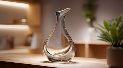 Elegant glass carafe displayed on wooden table in modern interior design setting