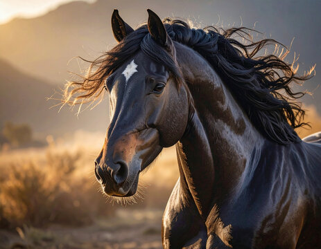 Portrait of a mighty black horse at sunset with its mane fluttering in the wind.