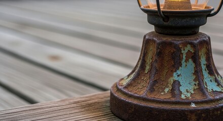Rusty vintage lantern on wooden deck with weathered texture