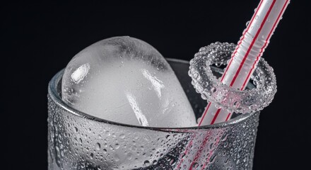 Close-up of ice cube and straw in refreshing cold drink