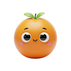 3D cartoon PNG of orange with leafy stem and smiling face, playful whimsical citrus fruit character design for children’s media or health branding
