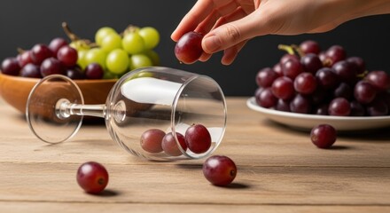 Hand picking grapes near a wine glass on wooden table with fresh fruit arrangement