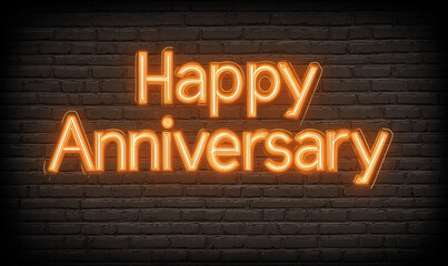 Obraz premium Glowing Happy Anniversary Neon Sign on Dark Wood Background.