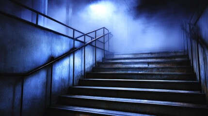 Moody staircase rising into a fog-filled light, framed by cool-toned concrete walls and metal railings, evoking a sense of mystery and upward climb