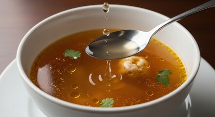 Warm chicken broth in white bowl with spoon and parsley garnish