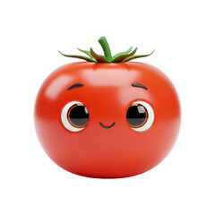 Fototapeta premium 3D cartoon PNG of tomato with leafy stem and smiling face, playful whimsical red vegetable character design for children’s media, culinary content, or healthy snacks