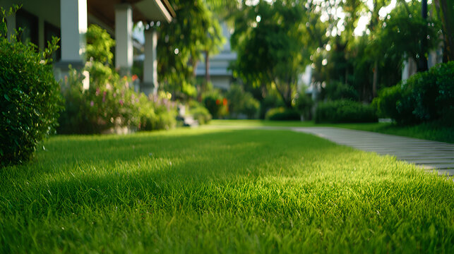 Lush green grass growing in garden with pathway and house