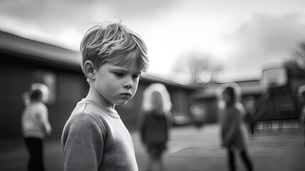 Sad child feeling excluded from other children playing in schoolyard