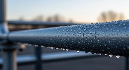 Close-up of dew-covered metal railing at sunrise outdoors