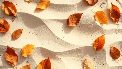 Close-up sand surface with dry autumn leaves