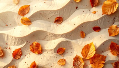 Minimalist sand background with scattered yellow leaves