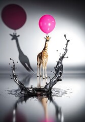 Giraffe balancing act an unlikely celebration with balloons and a splash of surreal charm