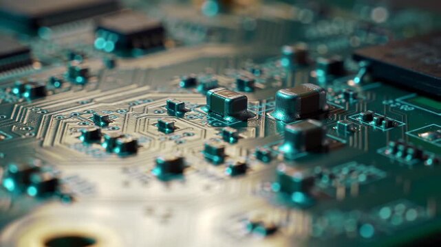 Close-up of green circuit board with chips and electronic components