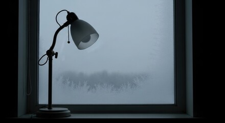 Winter frost on window with standing lamp silhouette