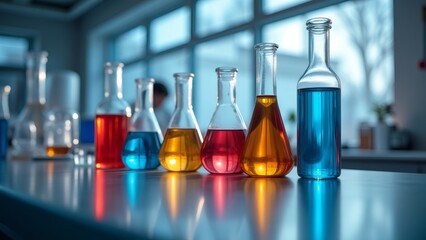 Colorful liquids in glass beakers on a laboratory counter during day 