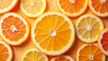 Citrus Fruit Slices: Fresh Orange, Lemon, and Grapefruit on a Beige Surface.
