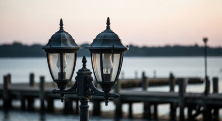 Vintage street lamps by tranquil lake at sunset with wooden docks