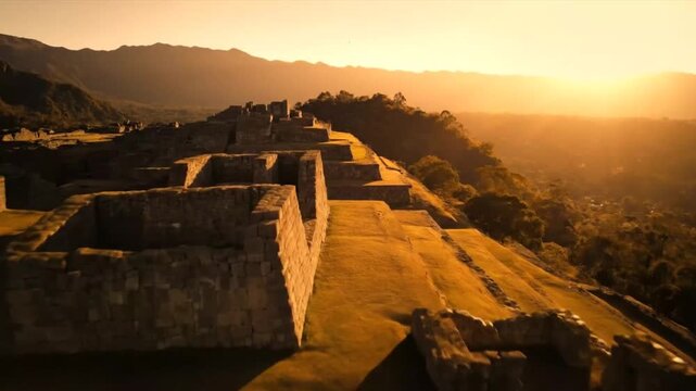 Ancient inca ruins bathed in the warm golden light of a setting sun, showcasing intricate stone structures on a mountainside with lush green trees and distant hills