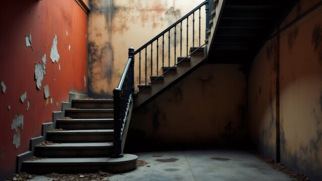 Old wooden staircase in abandoned building with decaying walls.