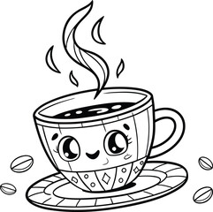 a cup of coffee, cute cartoon mug, hot steaming beverage, coffee beans, minimalist line art, black and white, simple illustration, digital drawing
