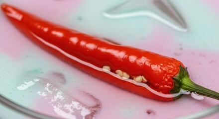 Close-up of fresh red chili pepper on colorful surface