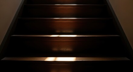 Sunlight illuminating dark wooden stairs in a serene ambience