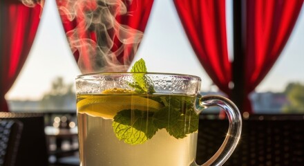 Steaming mint lemon tea in glass mug with red curtains and sunlight