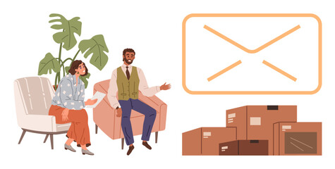 Professional colleagues in conversation on chairs with plants, prominent mail envelope visual, and stacked delivery boxes nearby. Ideal for teamwork, logistics, communication, mail, collaboration