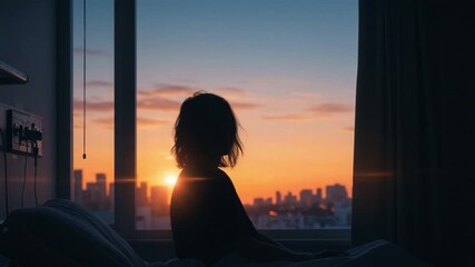 Contemplative Morning: A Silhouette Against the Sunrise, Reflecting Serenity and Hope Amidst Urban Beauty from a Bedroom View