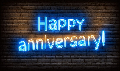 Obraz premium Vibrant Neon Happy Anniversary Sign on Brick Wall.